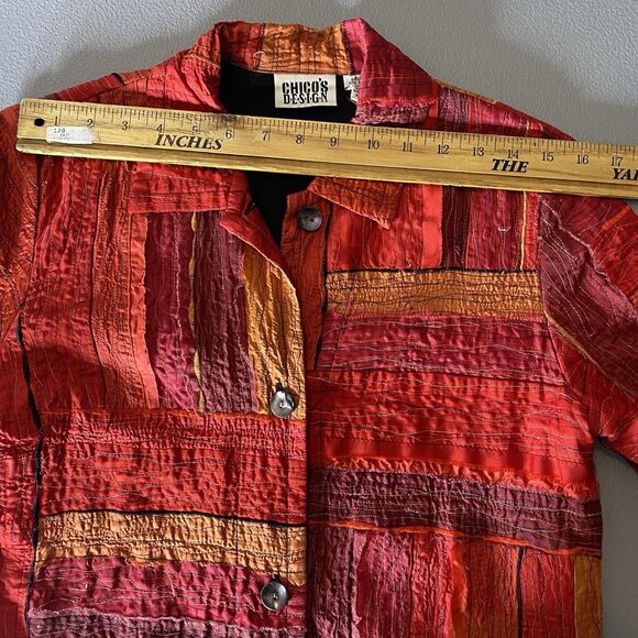 Vintage CHICOS Silk Shacket Patchwork Metallic Button Long Sleeve Womens 0 S Red - Picture 6 of 10